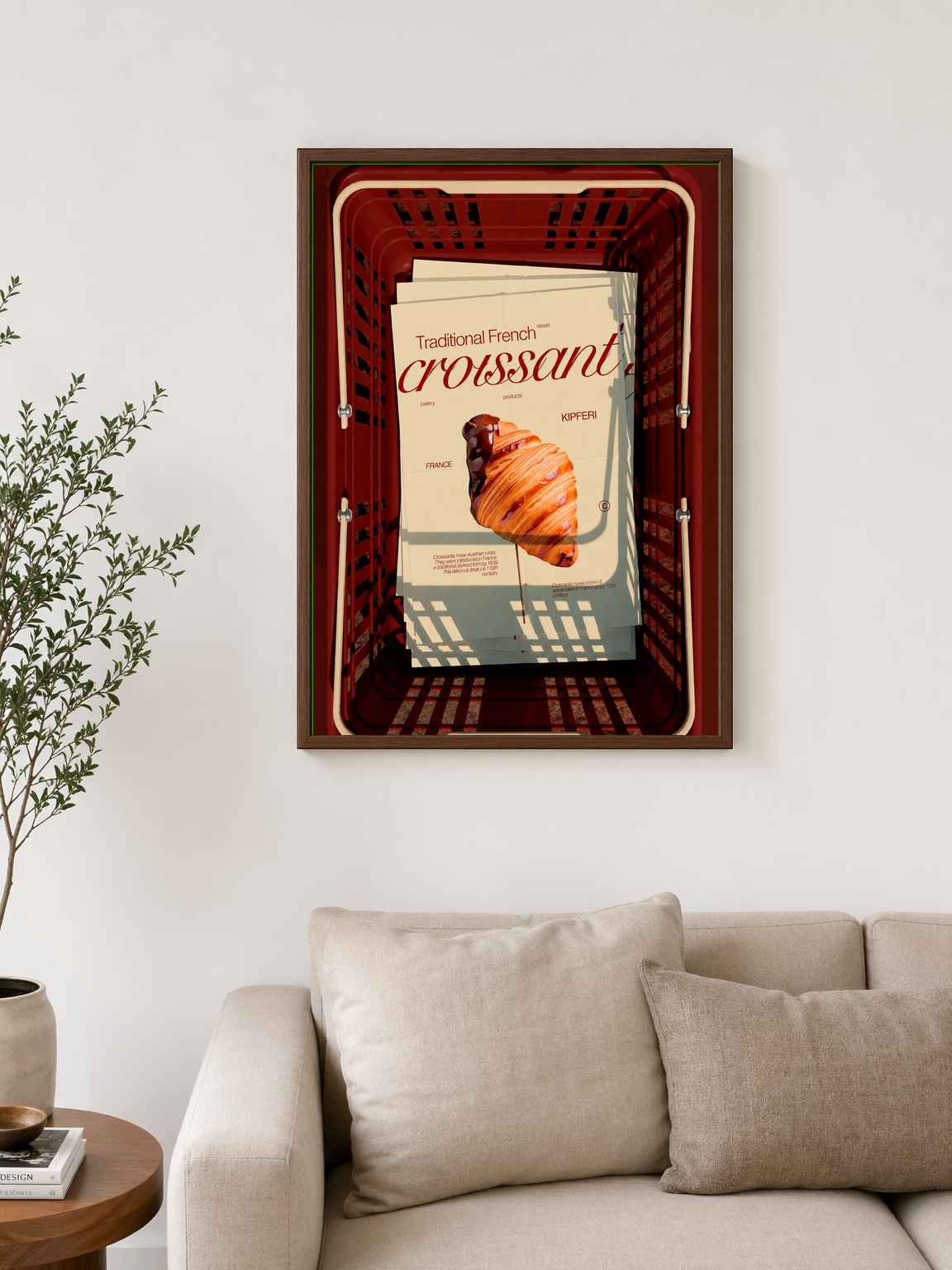 Traditional French Croissant Wall Art Print - dark wood framed