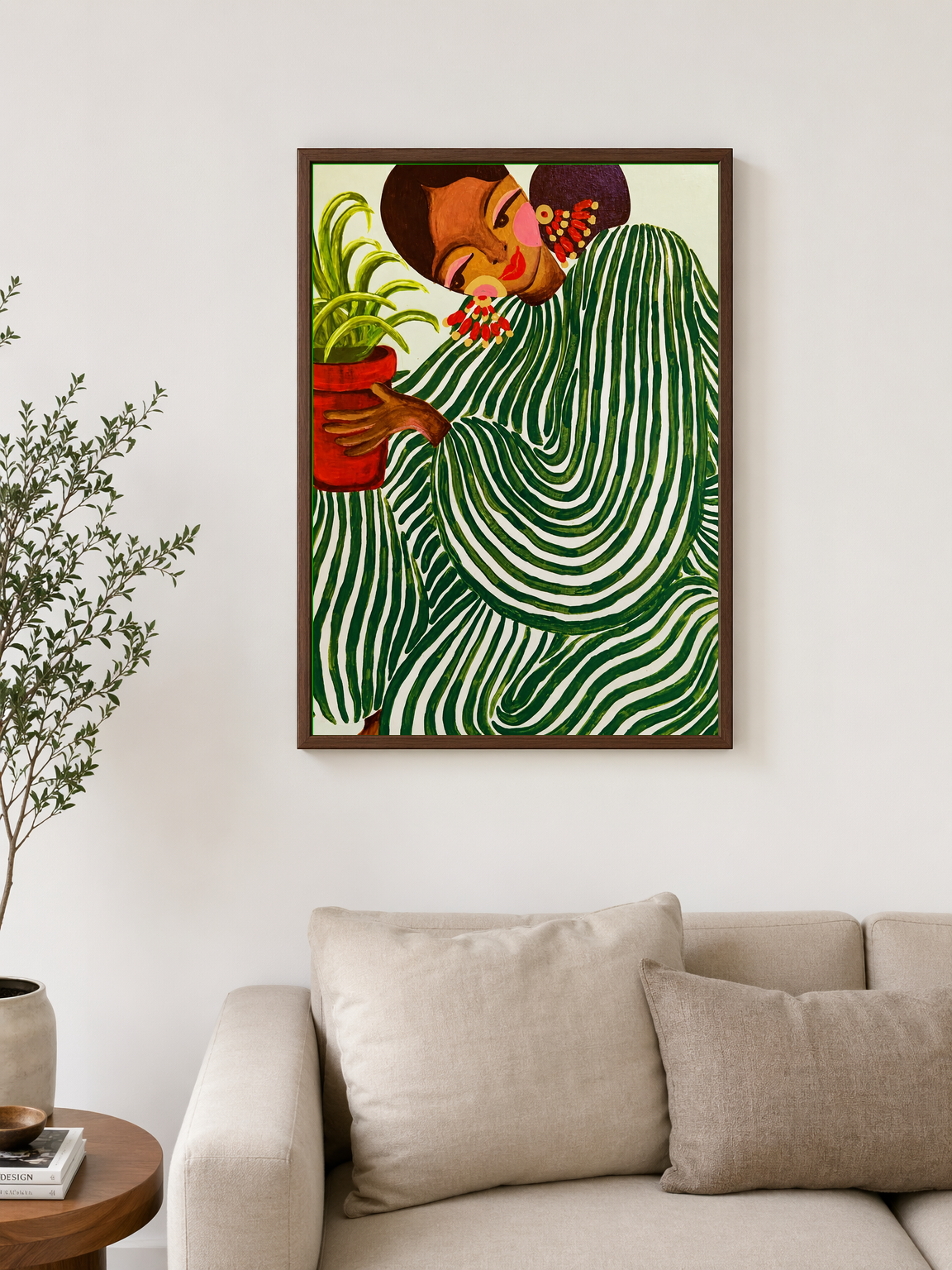 Green Striped Woman with Plant Wall Art Print - dark wood framed