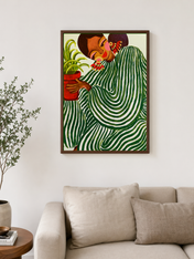 Green Striped Woman with Plant Wall Art Print - dark wood framed