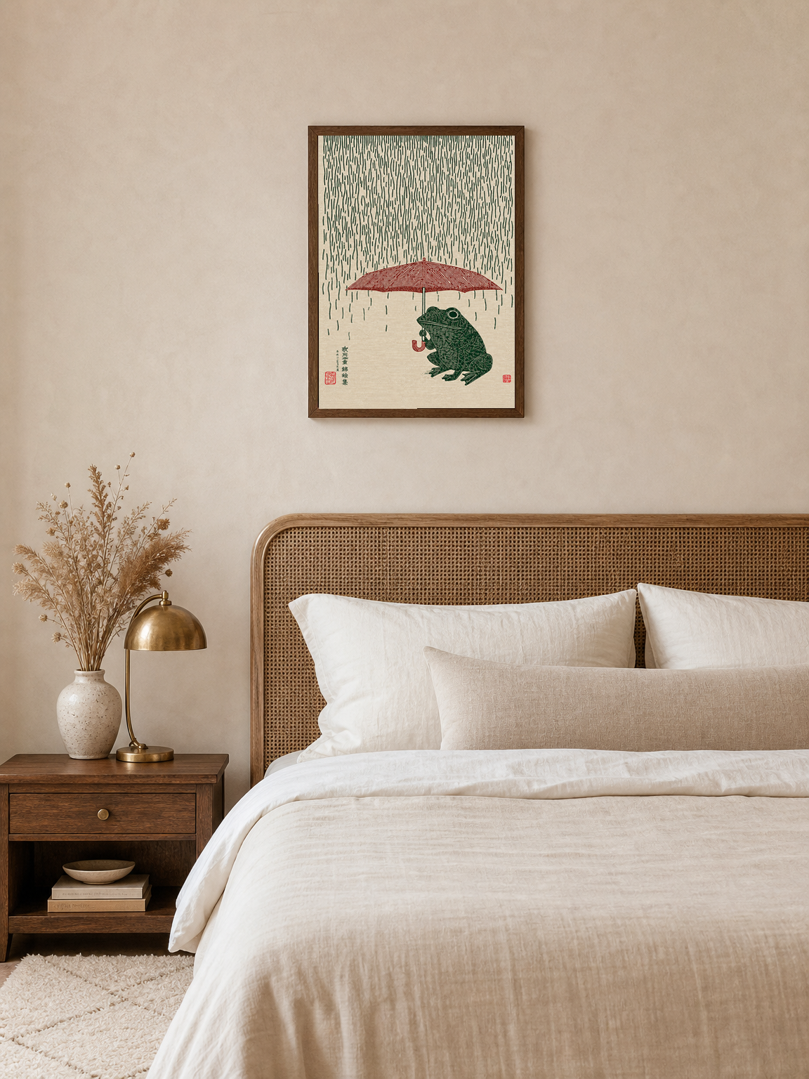 Japanese Frog with Umbrella Rain Wall Art Print - dark wood framed