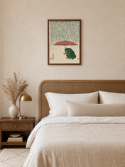 Japanese Frog with Umbrella Rain Wall Art Print - dark wood framed