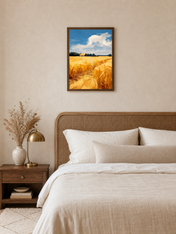 Golden Wheat Field Landscape Wall Art Print - dark wood framed