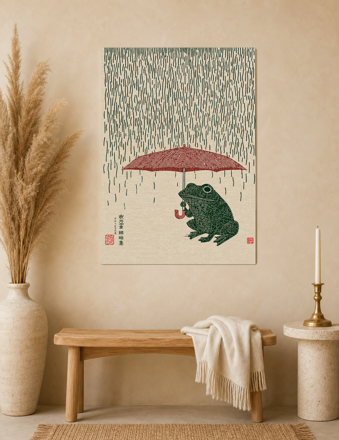 Japanese Frog with Umbrella Rain Wall Art Print - unframed mockup