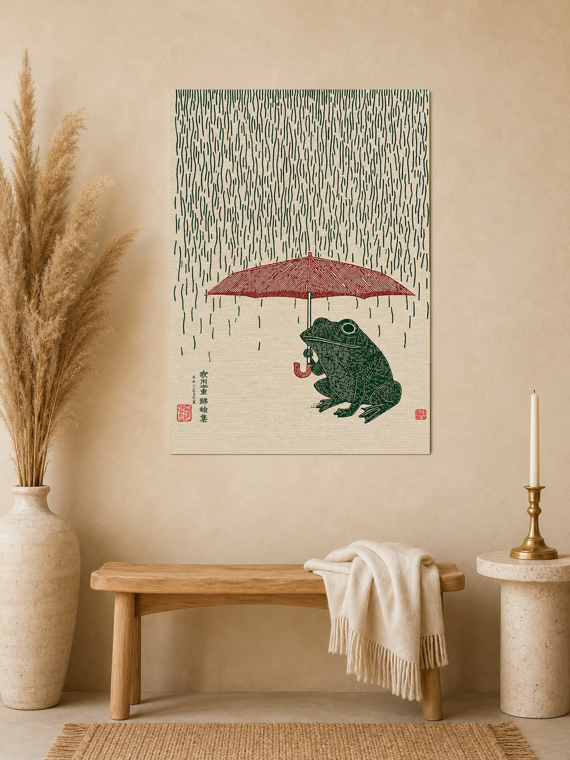 Japanese Frog with Umbrella Rain Wall Art Print - unframed mockup