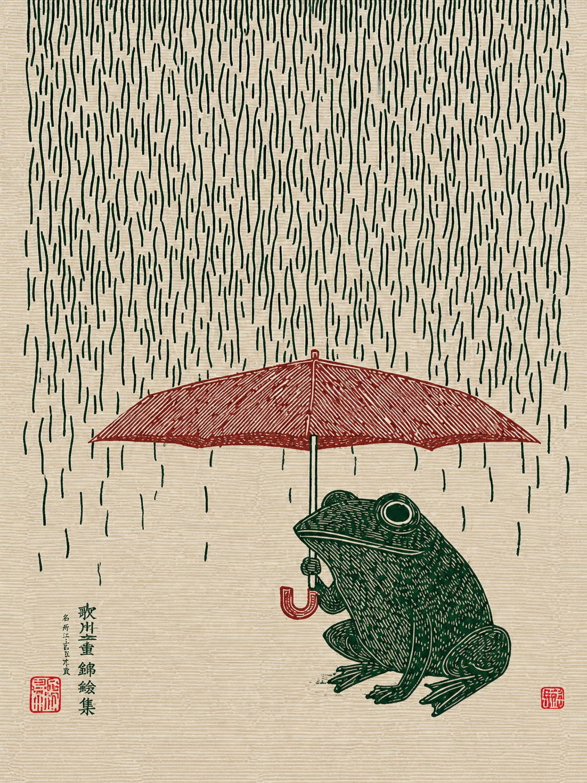 Japanese Frog with Umbrella Rain Wall Art Print - unframed