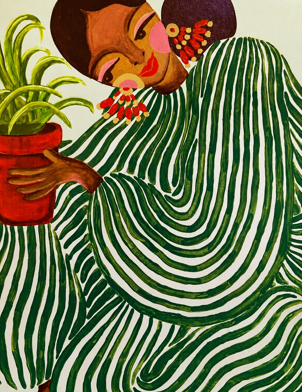Green Striped Woman with Plant Wall Art Print - unframed