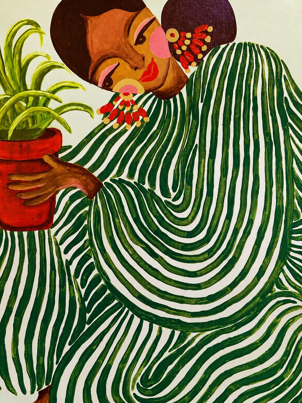 Green Striped Woman with Plant Wall Art Print - unframed