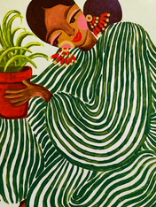 Green Striped Woman with Plant Wall Art Print - unframed