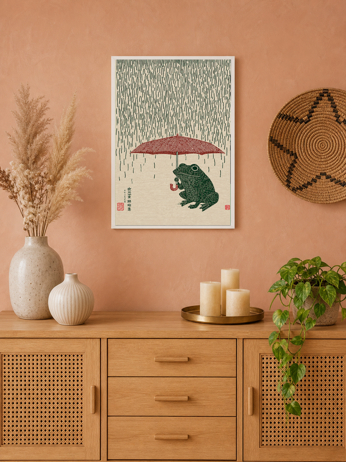 Japanese Frog with Umbrella Rain Wall Art Print - white framed