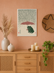 Japanese Frog with Umbrella Rain Wall Art Print - white framed