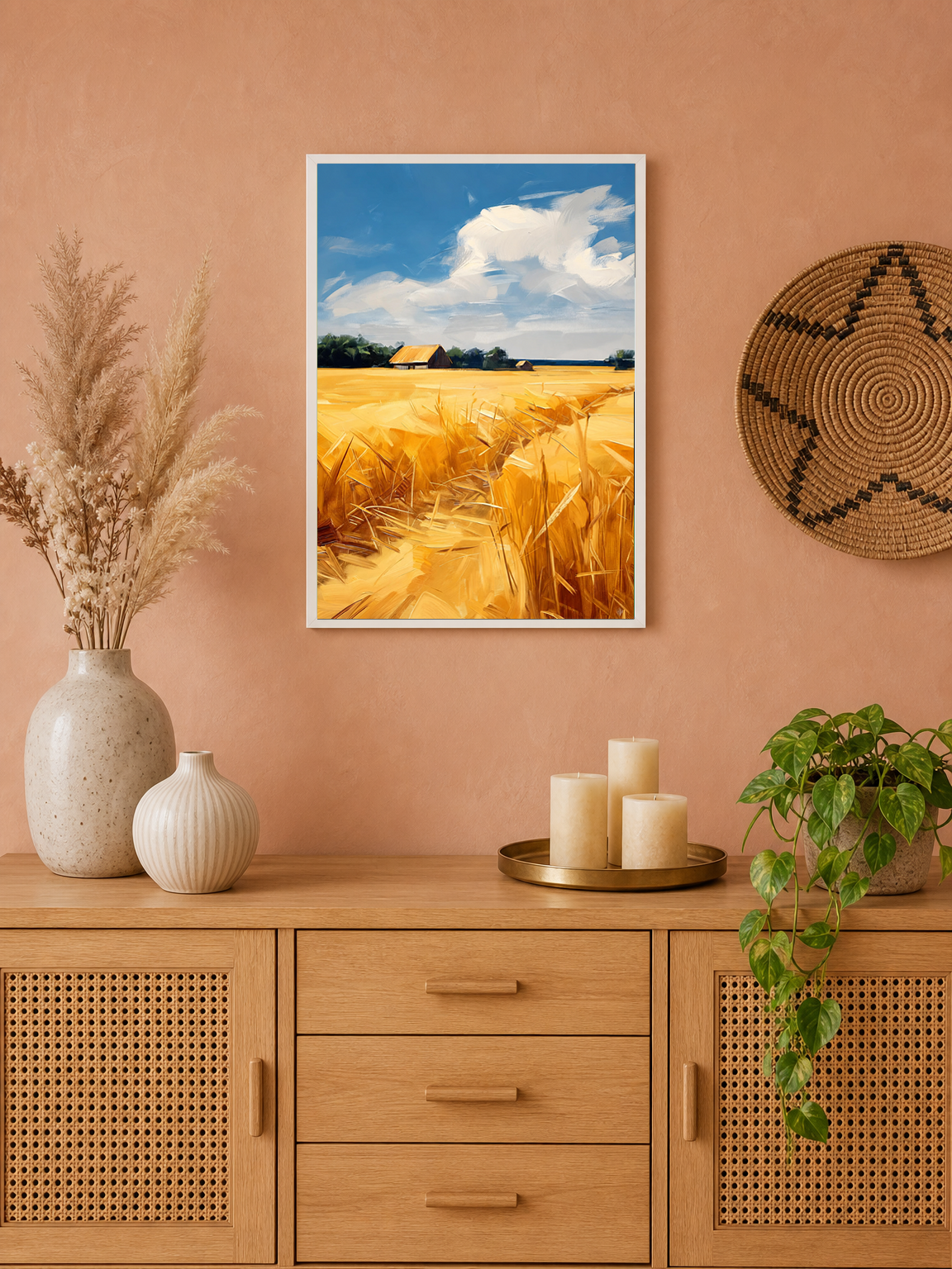 Golden Wheat Field Landscape Wall Art Print - white framed