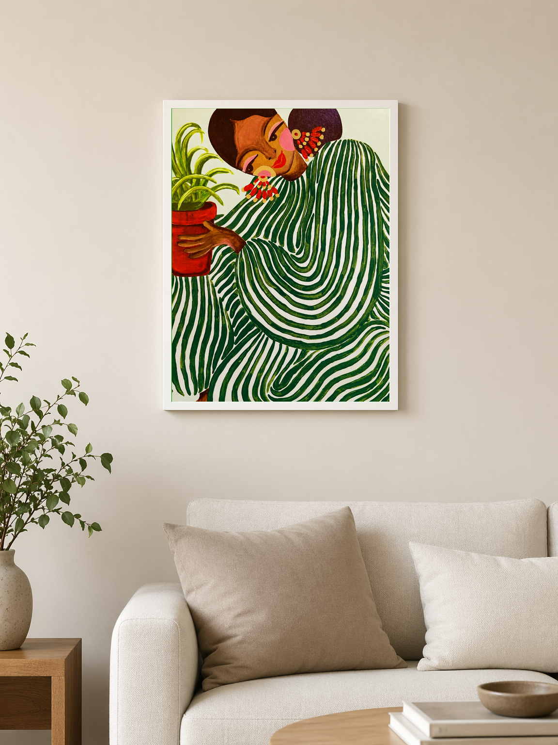 Green Striped Woman with Plant Wall Art Print - white framed