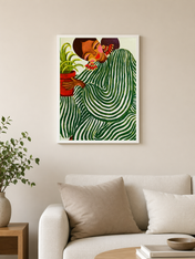 Green Striped Woman with Plant Wall Art Print - white framed