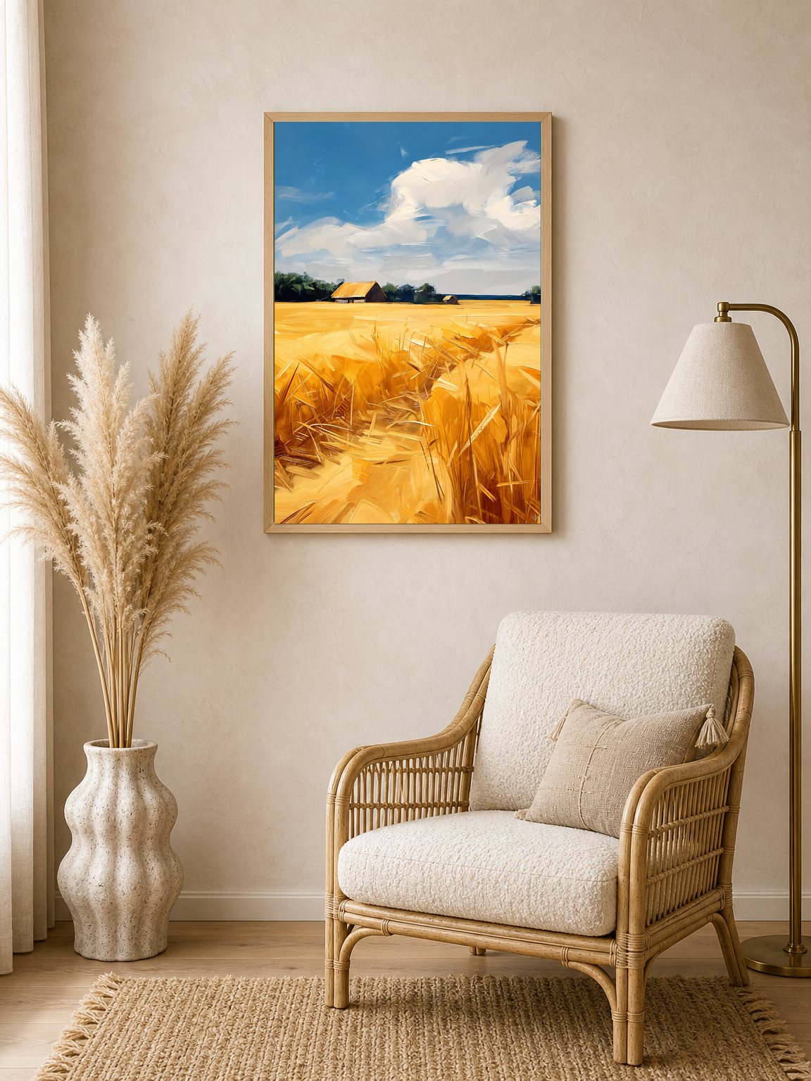 Golden Wheat Field Landscape Wall Art Print - wood framed poster