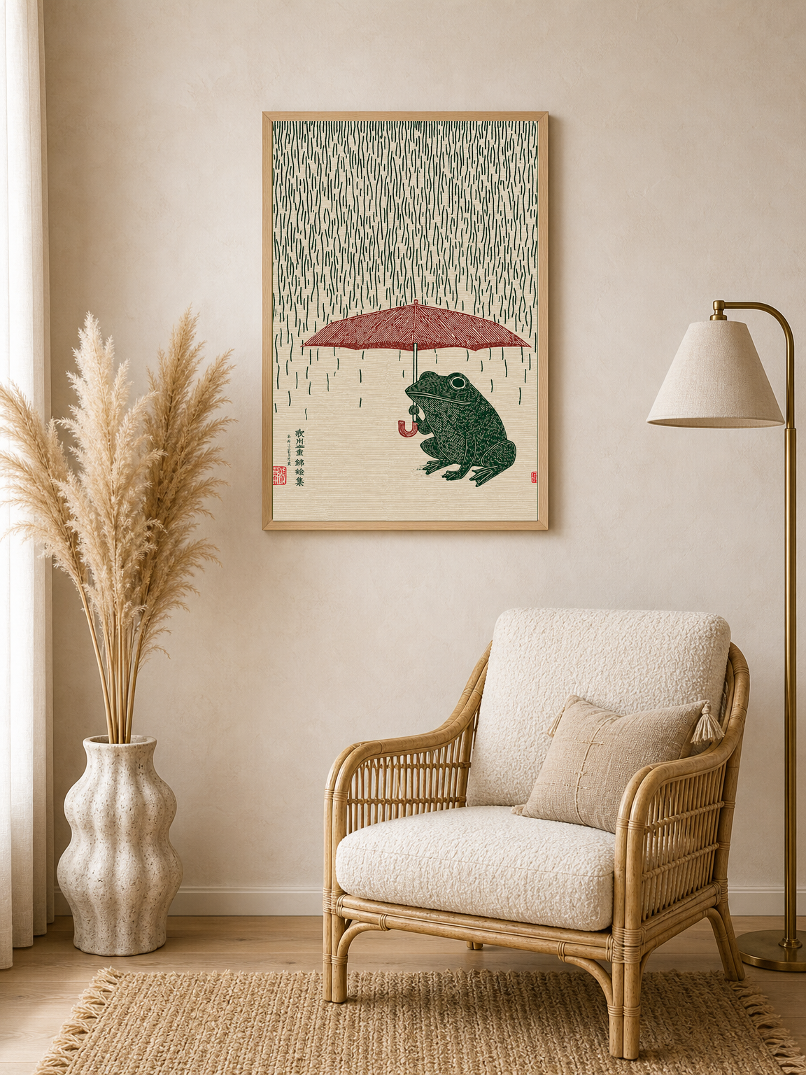 Japanese Frog with Umbrella Rain Wall Art Print - wood framed poster