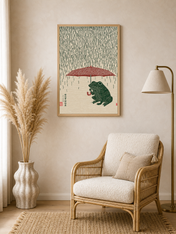 Japanese Frog with Umbrella Rain Wall Art Print - wood framed poster