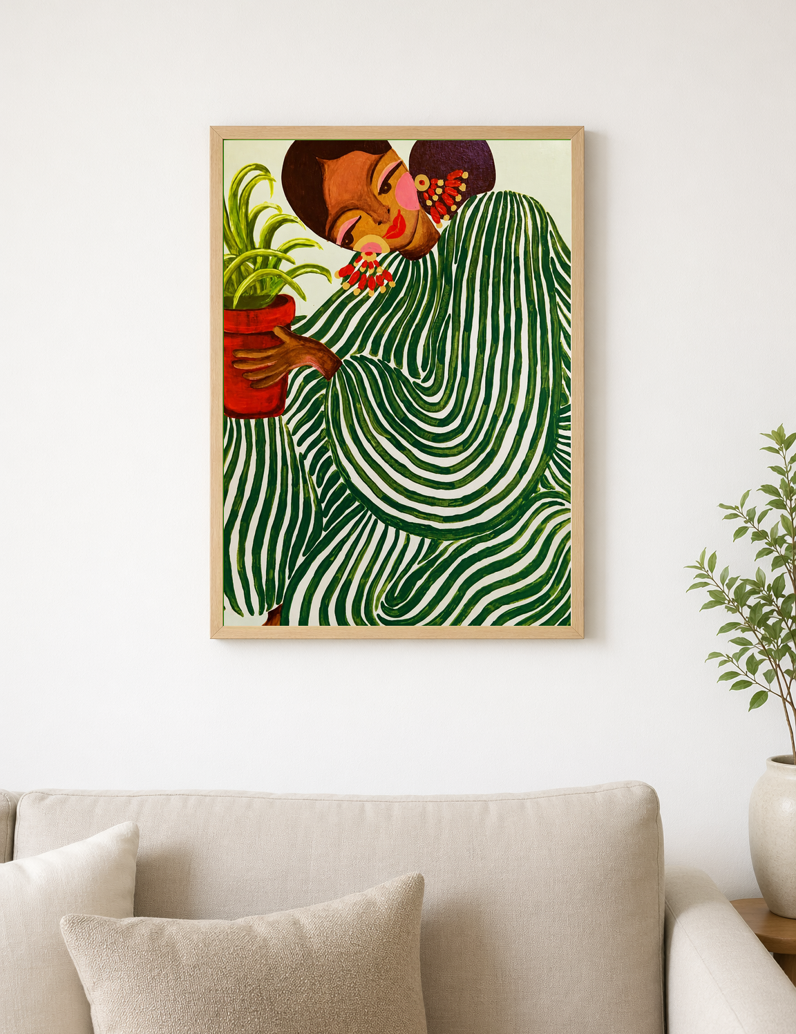 Green Striped Woman with Plant Wall Art Print - wood framed poster