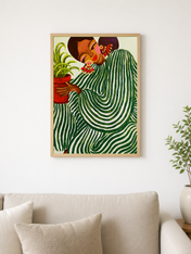 Green Striped Woman with Plant Wall Art Print - wood framed poster