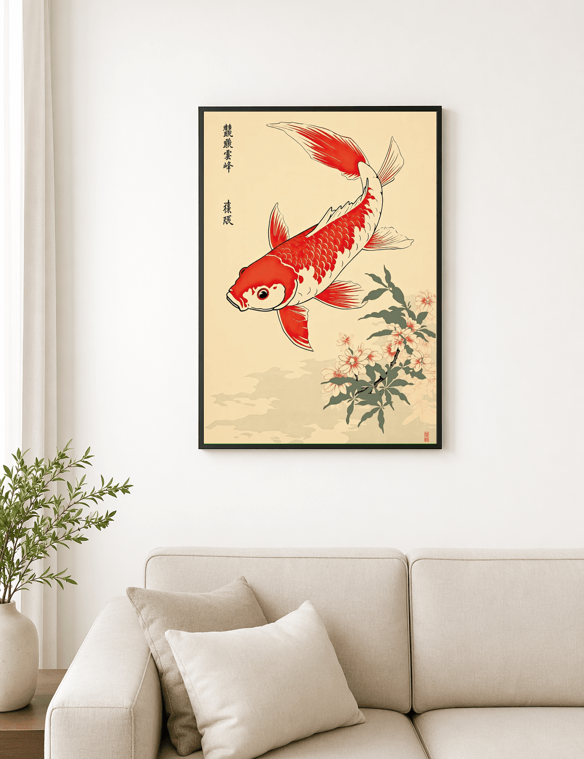 Red Koi Fish and Cherry Blossoms Wall Art Print - black framed