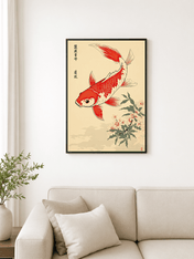 Red Koi Fish and Cherry Blossoms Wall Art Print - black framed
