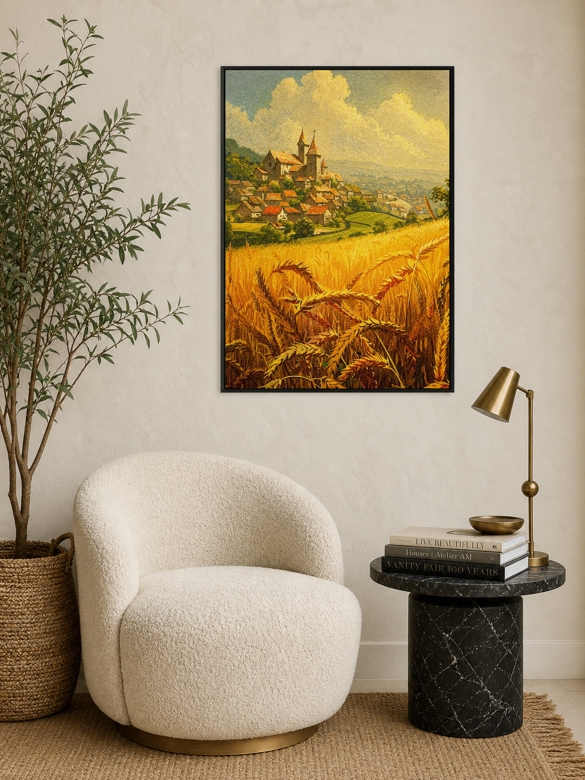 Golden Wheat Field Village Landscape Wall Art Print - black framed