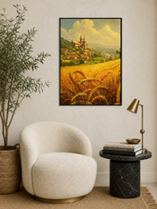 Golden Wheat Field Village Landscape Wall Art Print - black framed
