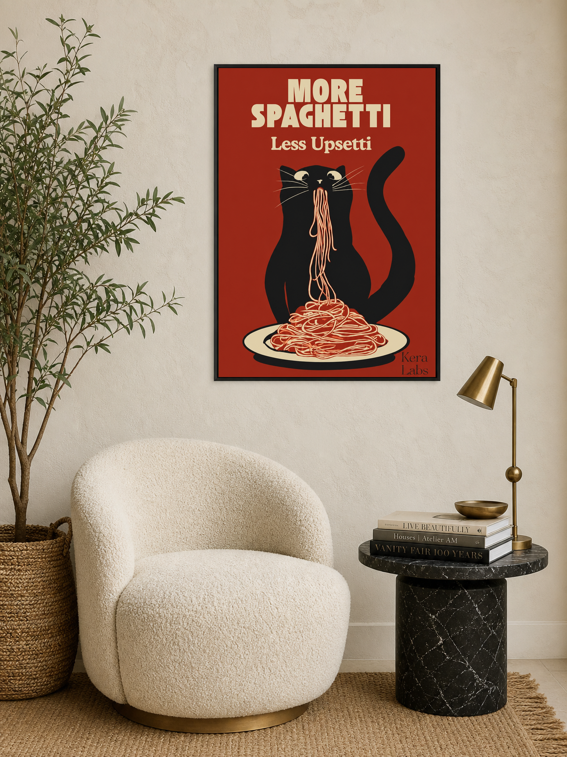 More Spaghetti Less Upsetti Cat Wall Art Print - black framed