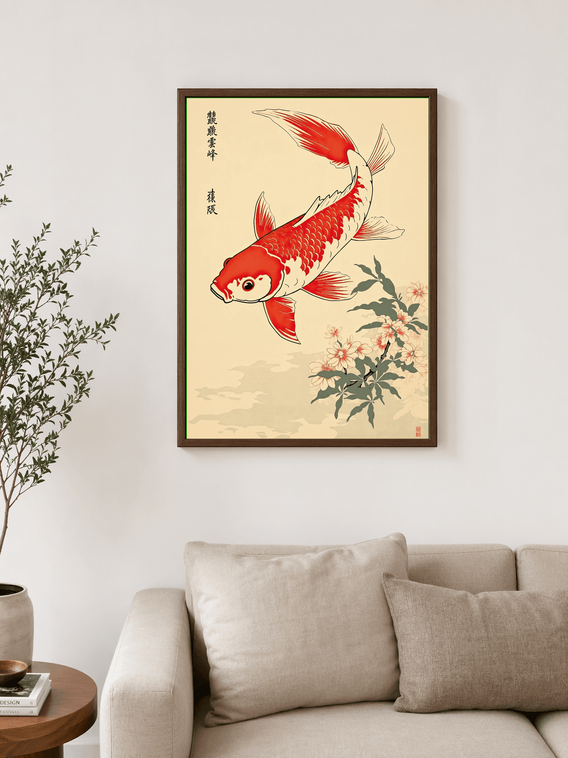 Red Koi Fish and Cherry Blossoms Wall Art Print - dark wood framed