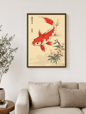 Red Koi Fish and Cherry Blossoms Wall Art Print - dark wood framed
