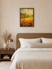 Golden Wheat Field Village Landscape Wall Art Print - dark wood framed