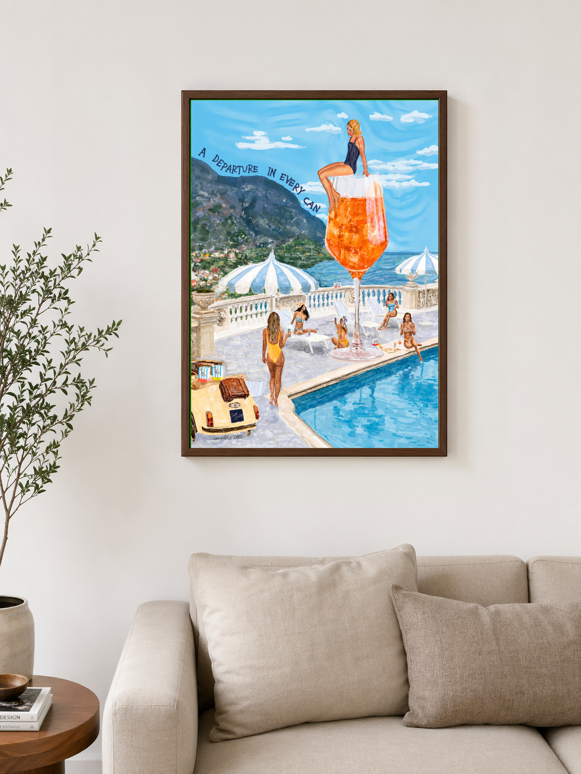 Amalfi Poolside Spritz Wall Art Print - dark wood framed