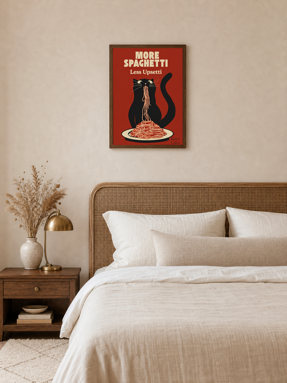 More Spaghetti Less Upsetti Cat Wall Art Print - dark wood framed