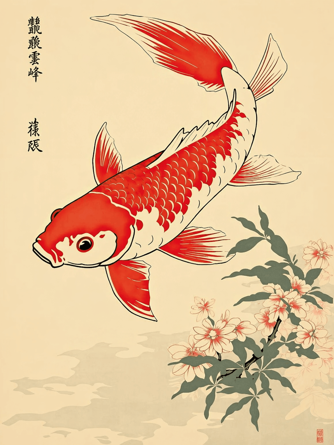 Red Koi Fish and Cherry Blossoms Wall Art Print - unframed