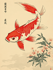 Red Koi Fish and Cherry Blossoms Wall Art Print - unframed