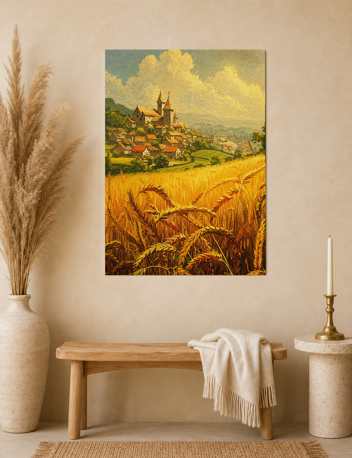Golden Wheat Field Village Landscape Wall Art Print - unframed mockup