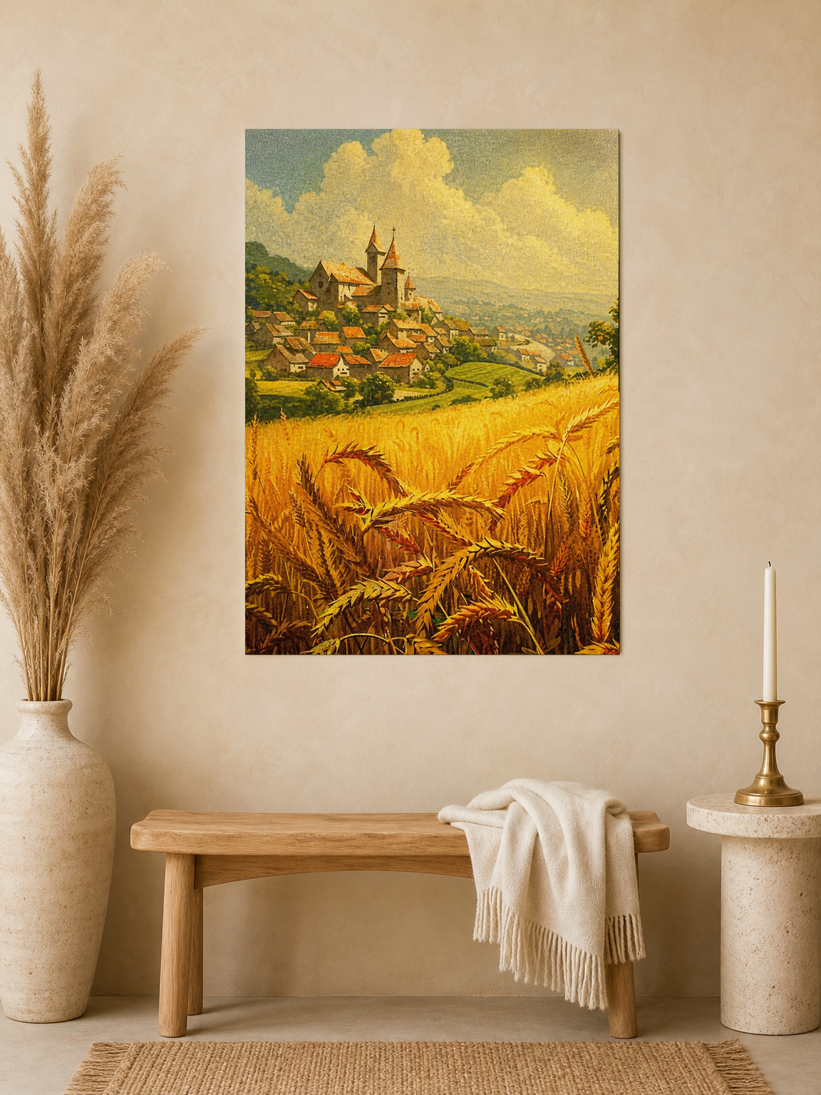 Golden Wheat Field Village Landscape Wall Art Print - unframed mockup