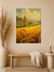 Golden Wheat Field Village Landscape Wall Art Print - unframed mockup