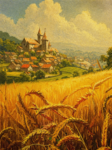 Golden Wheat Field Village Landscape Wall Art Print
