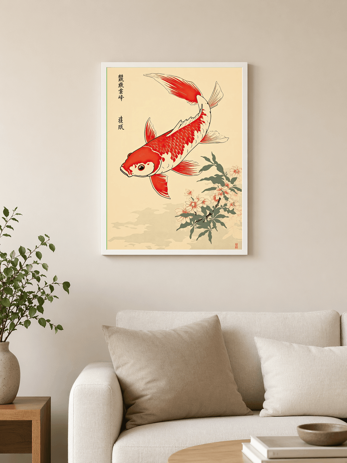 Red Koi Fish and Cherry Blossoms Wall Art Print - white framed