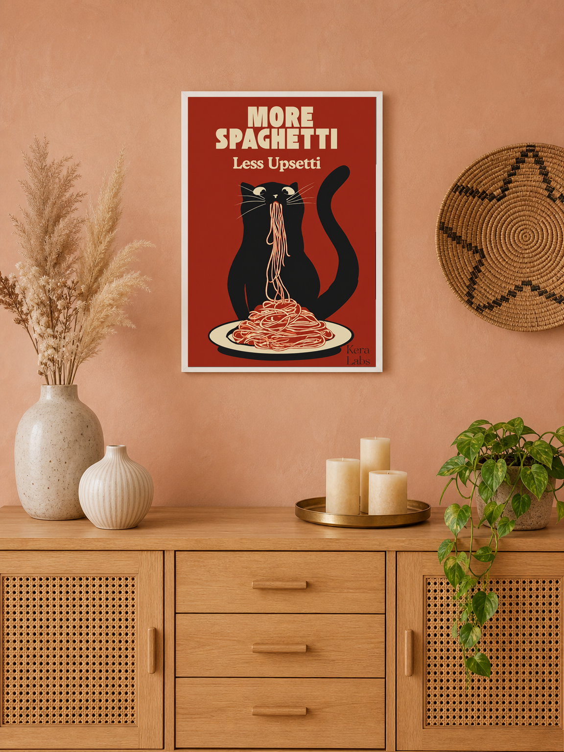 More Spaghetti Less Upsetti Cat Wall Art Print - white framed