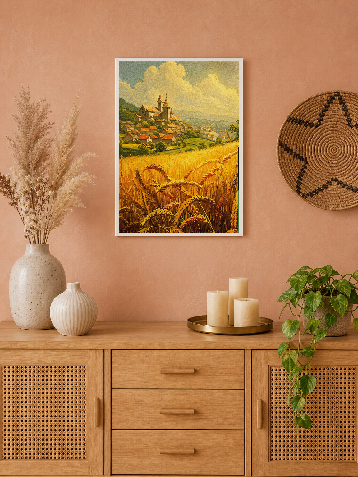Golden Wheat Field Village Landscape Wall Art Print - white framed