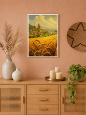 Golden Wheat Field Village Landscape Wall Art Print - white framed