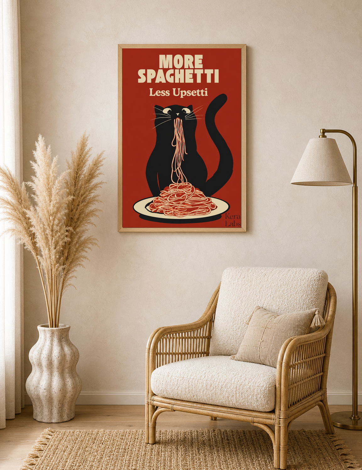 More Spaghetti Less Upsetti Cat Wall Art Print - wood framed poster