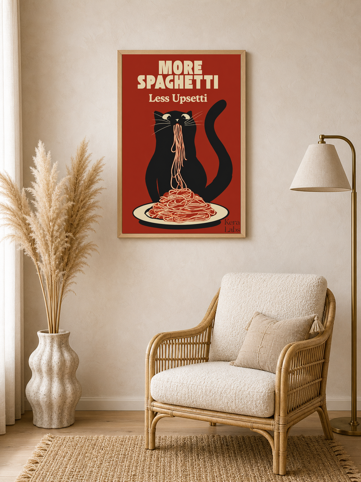 More Spaghetti Less Upsetti Cat Wall Art Print - wood framed poster