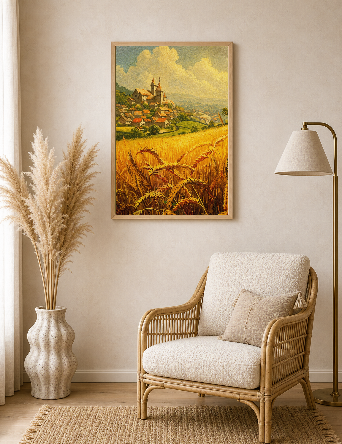 Golden Wheat Field Village Landscape Wall Art Print - wood framed poster