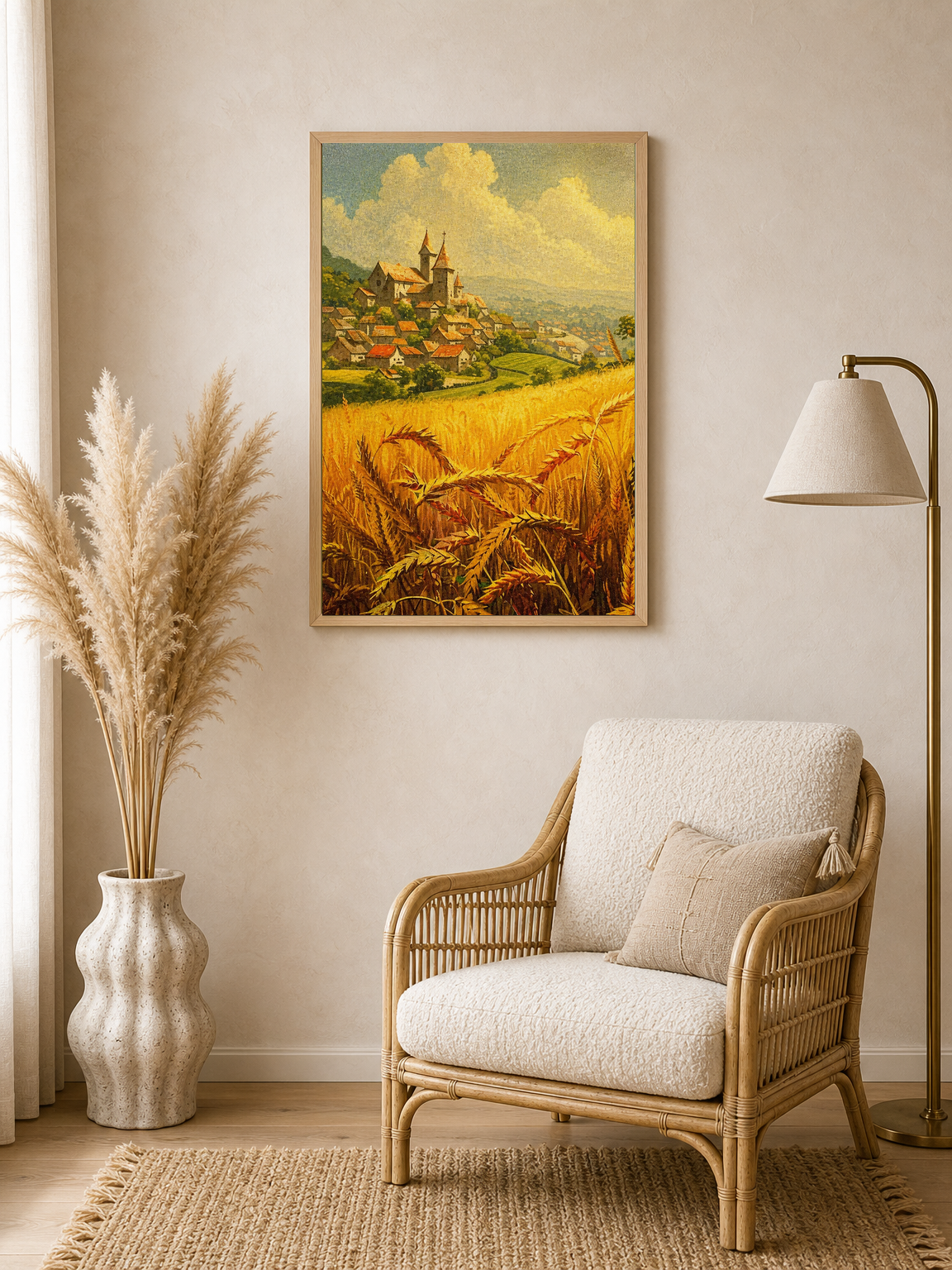 Golden Wheat Field Village Landscape Wall Art Print - wood framed poster