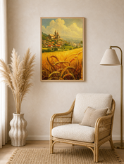 Golden Wheat Field Village Landscape Wall Art Print - wood framed poster