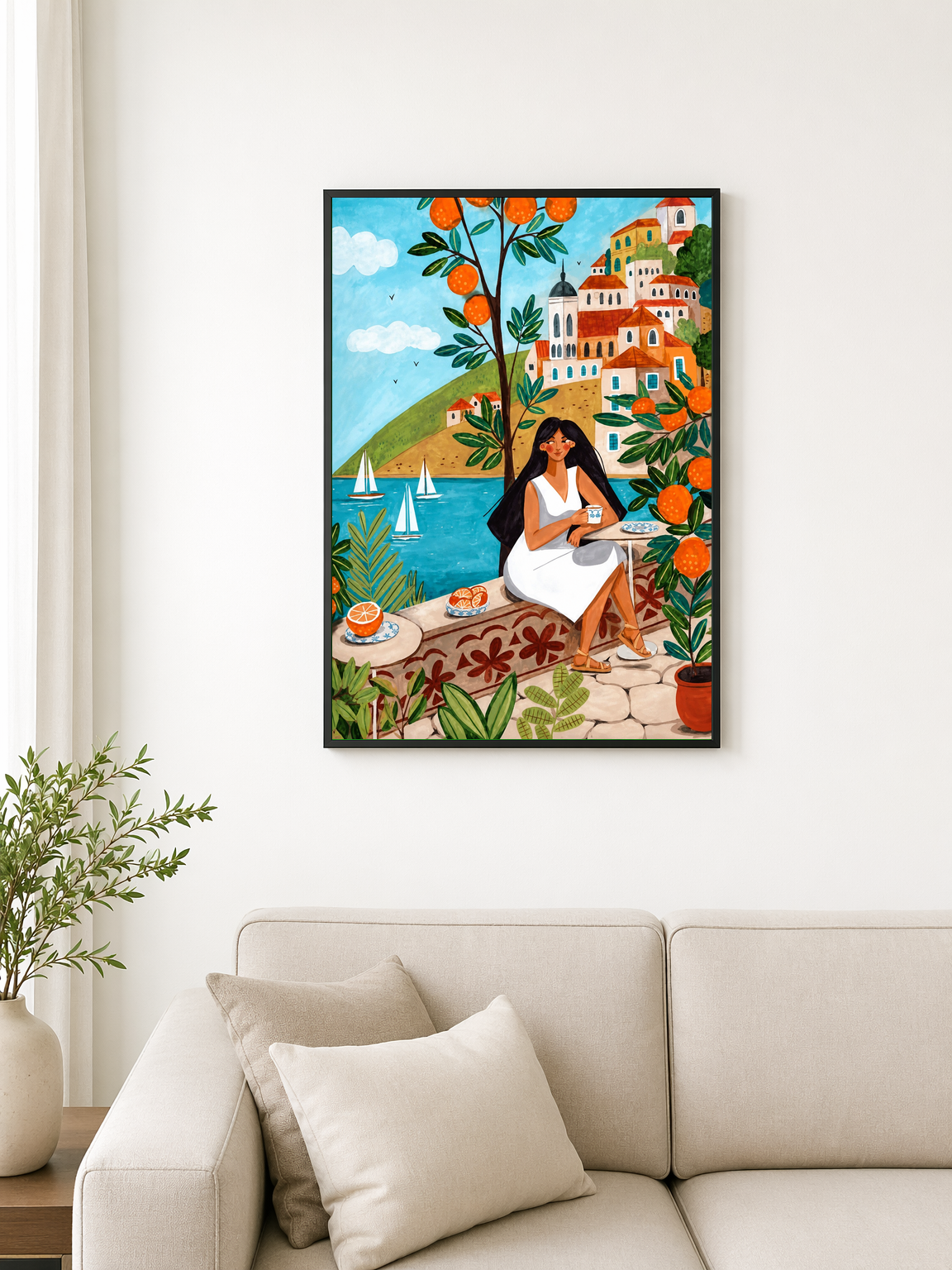 Mediterranean Orange Grove Coastal Wall Art Print - black framed