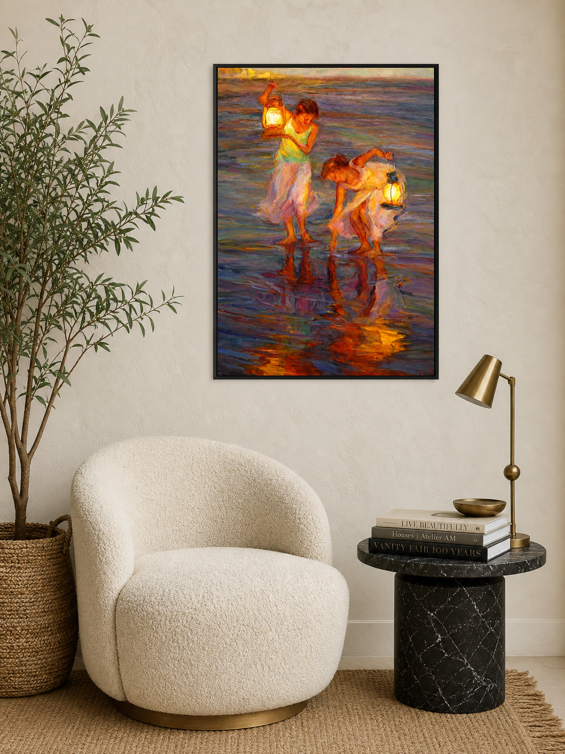 Girls with Lanterns at the Shore Wall Art Print - black framed