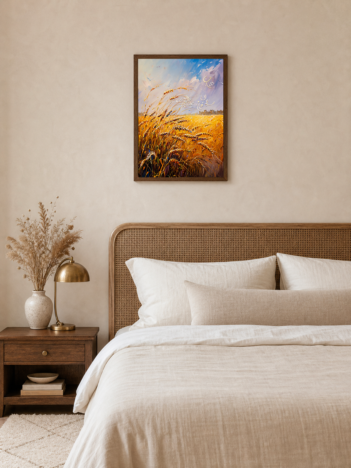 Golden Wheat Field Islamic Calligraphy Wall Art Print - dark wood framed